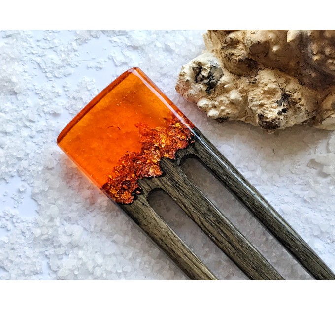 Hair fork with oak, orange resin topper and foil