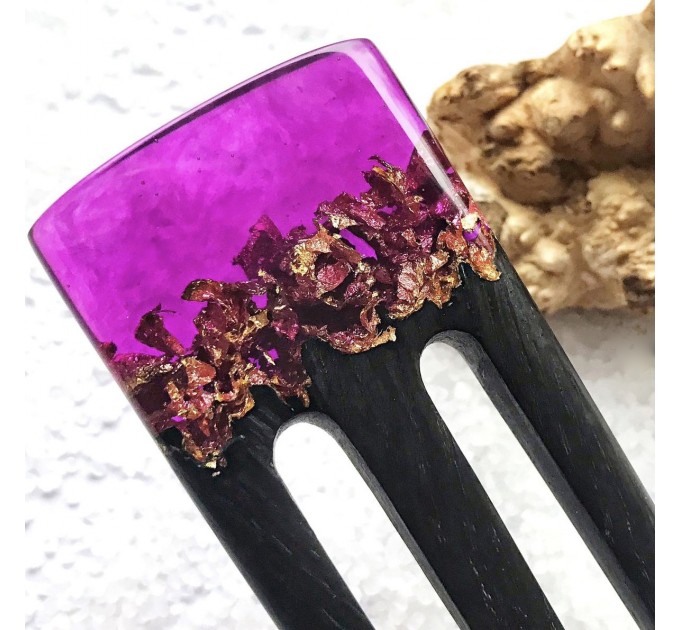 Hair fork with oak wood, purple resin topper and foil