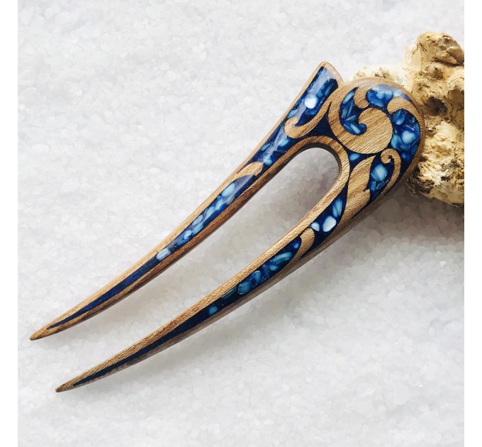 Wooden hair fork with blue stones