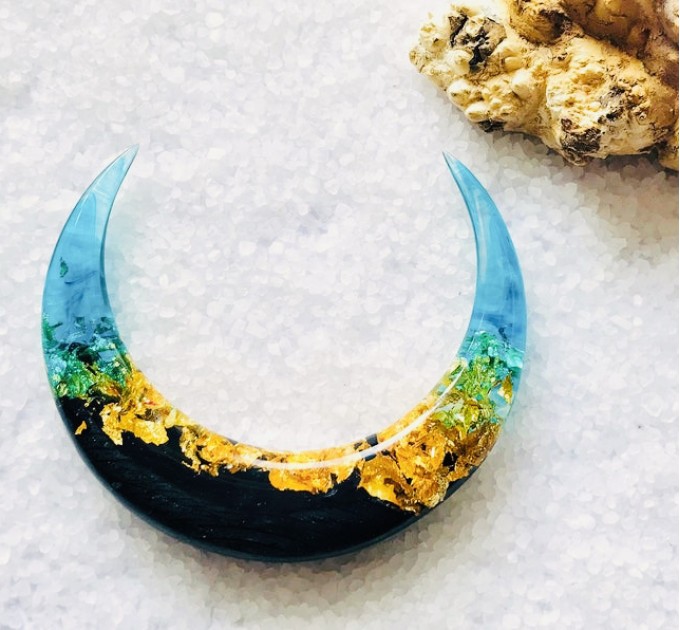 Crescent hair stick with black oak wood, blue resin and gold foil