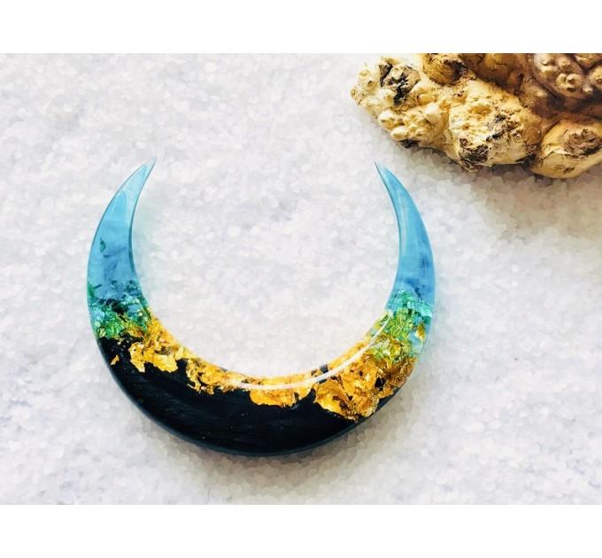 Crescent hair stick with black oak wood, blue resin and gold foil