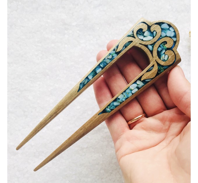 Wooden hair fork with blue stones