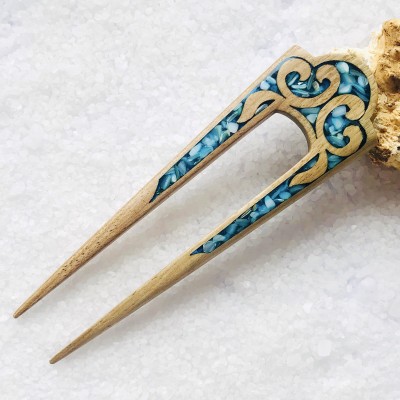 Wooden hair fork with blue stones