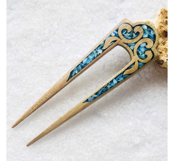 Wooden hair fork with blue stones