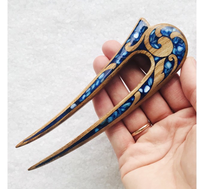 Wooden hair fork with blue stones