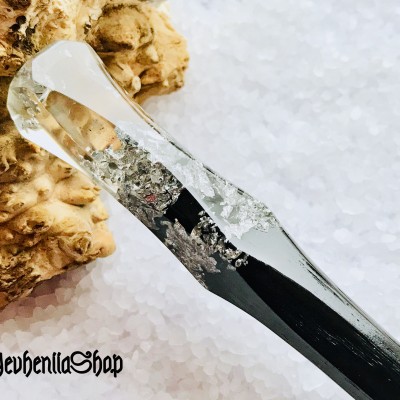 Wooden hair stick with clear resin and silver foil 