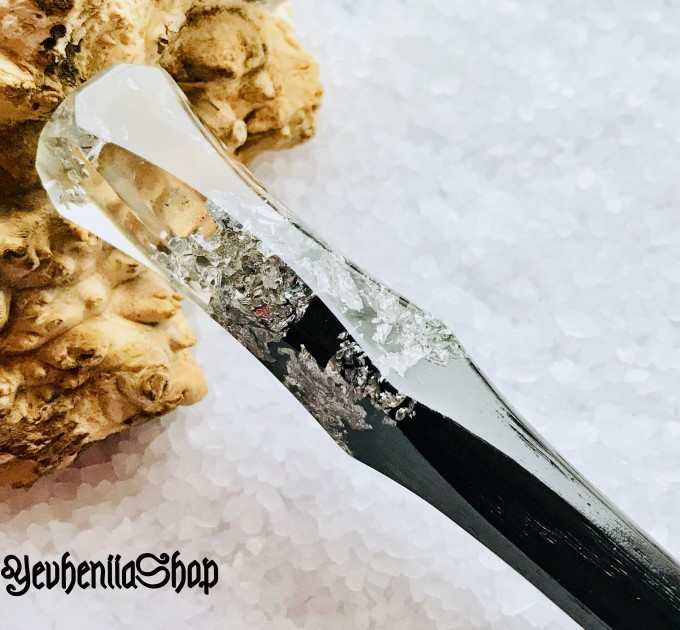 Wooden hair stick with black oak wood, clear resin and silver foil 