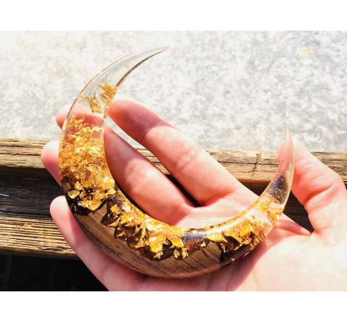 Crescent hair stick with oak wood, clear resin and gold foil