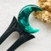 Crescent moon hair fork with black oak, green resin and silver foil, Forest Crescent
