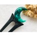 Crescent moon hair fork with black oak, green resin and silver foil, Forest Crescent