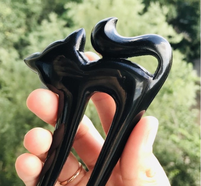 Wooden Hair fork with Black Cat 