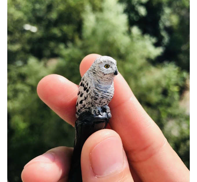 Carved wooden hair stick with snowy owl