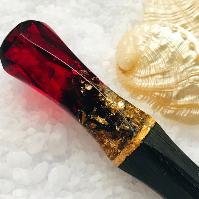 Wooden hair stick with dark red resin, gold foil and black oak wood