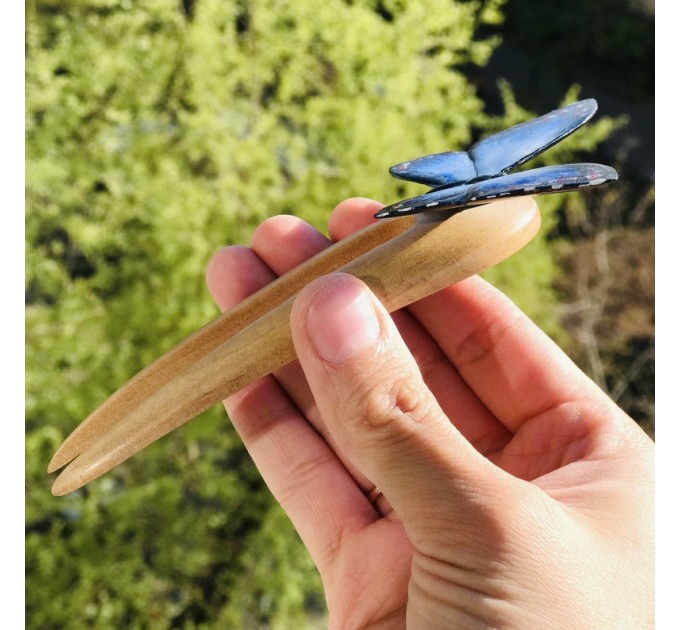 Carved wood hair fork blue butterfly