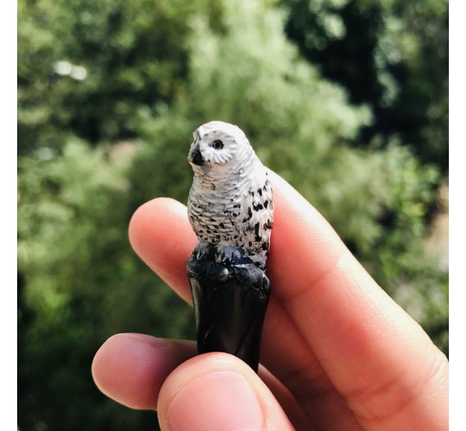 Carved wooden hair stick with snowy owl