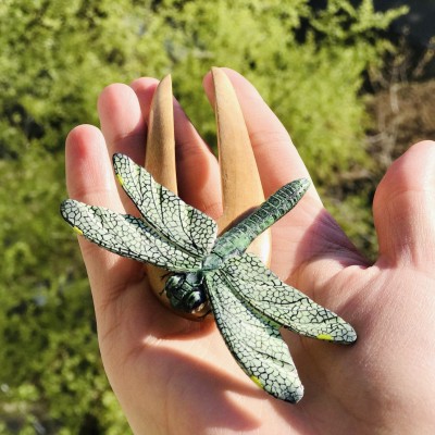 Carved wooden hair fork Dragonfly