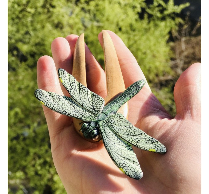 Carved wooden hair fork green Dragonfly