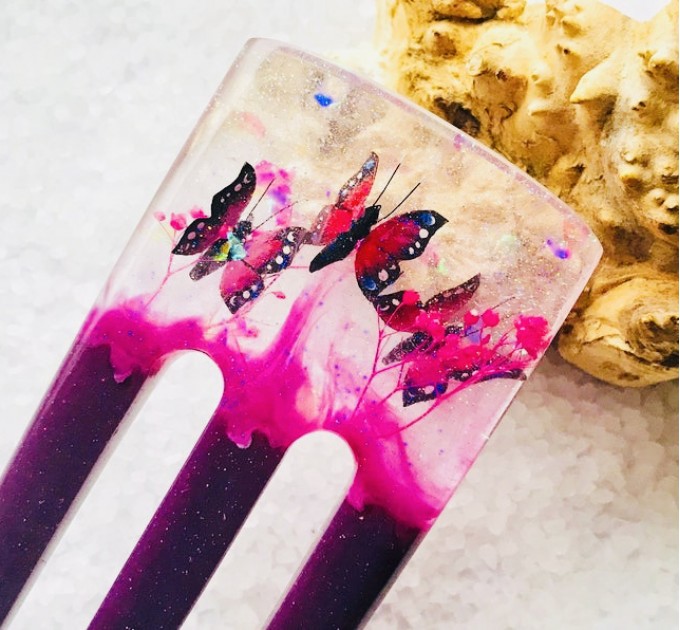 Purple resin hair fork with pink butterflies
