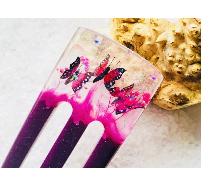 Purple resin hair fork with pink butterflies