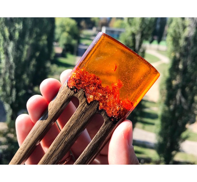 Hair fork with oak, orange resin topper and foil