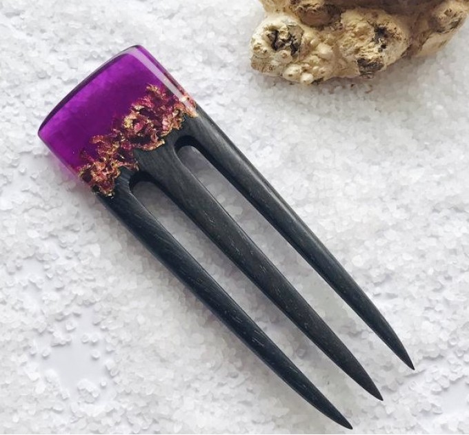 Hair fork with oak wood, purple resin topper and foil