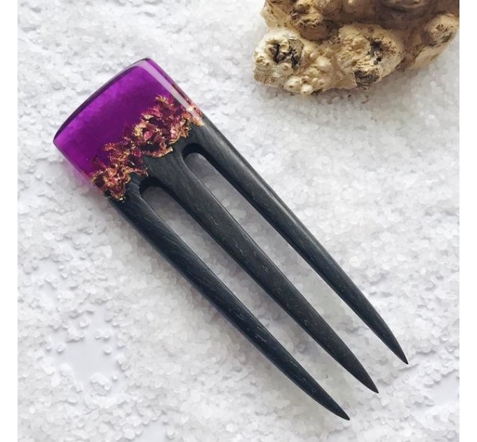 Hair fork with oak wood, purple resin topper and foil