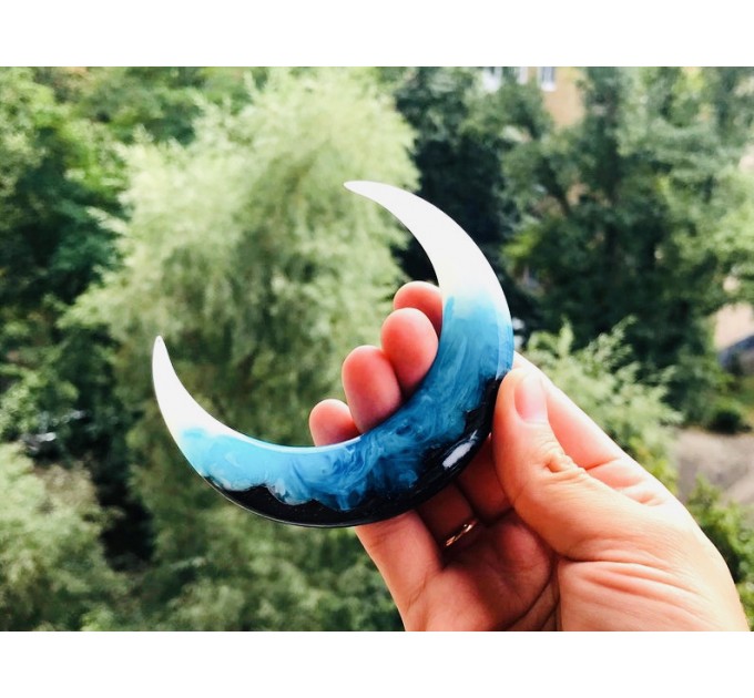 Crescent moon hair stick with black oak, blue and white resin