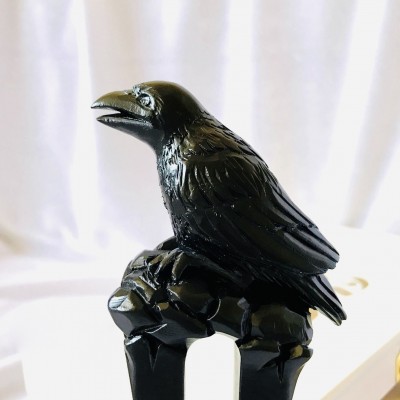 Carved wooden hair fork black raven