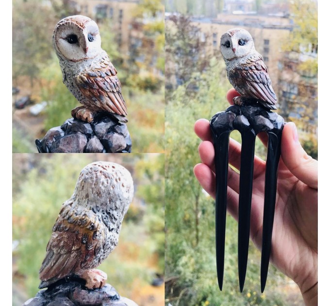 Carved wooden hair fork with Owl, Forest bird Stick