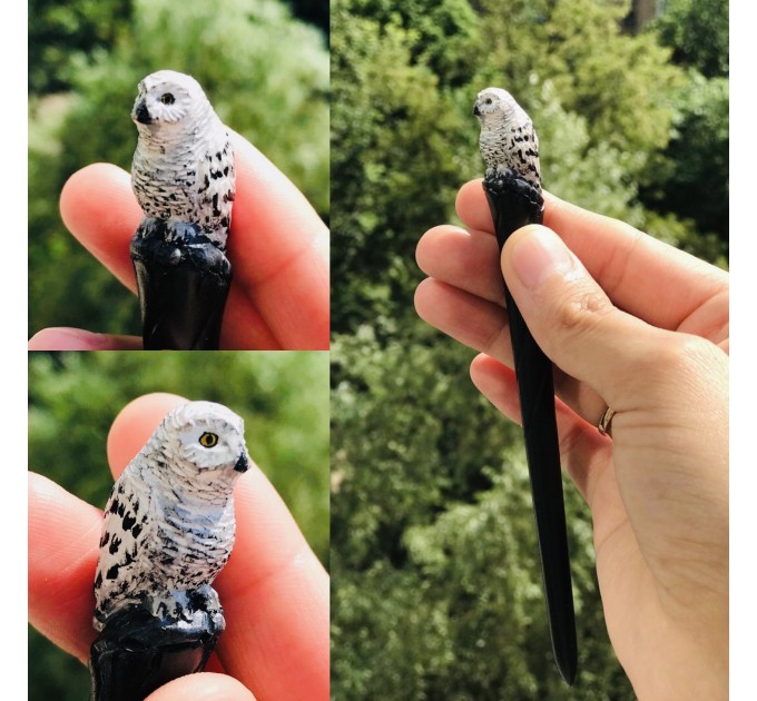 Carved wooden hair stick with snowy owl