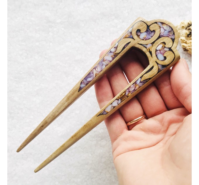 Wooden hair fork with purple stones