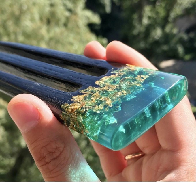 Hair fork, Wooden hair fork with blue resin and gold leaf, Hair accessories for women, Bun holder, Hair slide, Womens gift