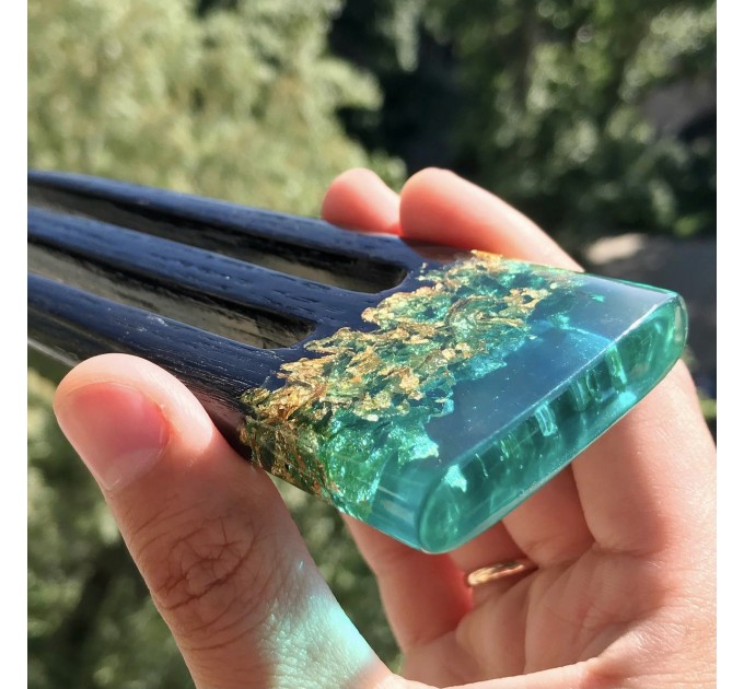 Hair fork, Wooden hair fork with blue resin and gold leaf, Hair accessories for women, Bun holder, Hair slide, Womens gift