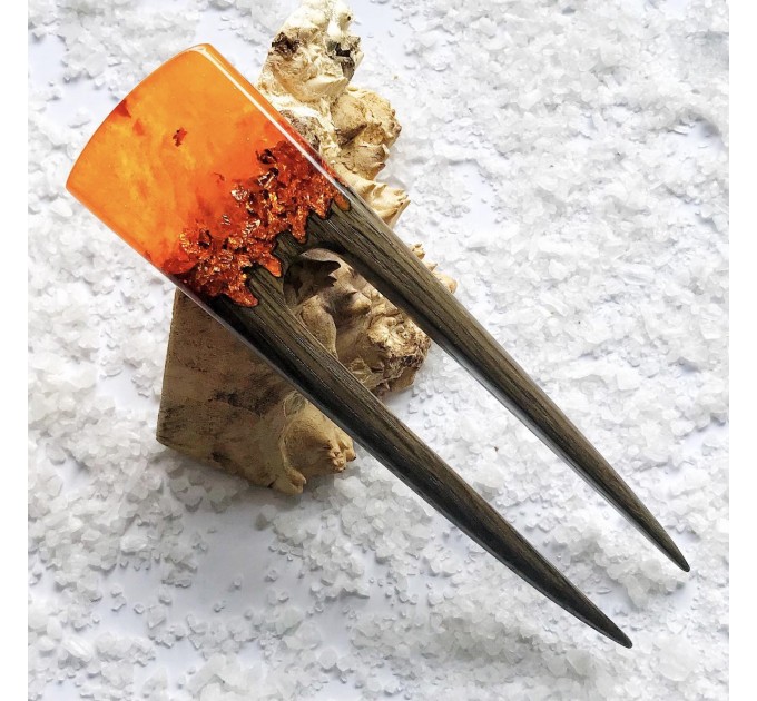 Hair fork with oak wood, orange resin topper and foil