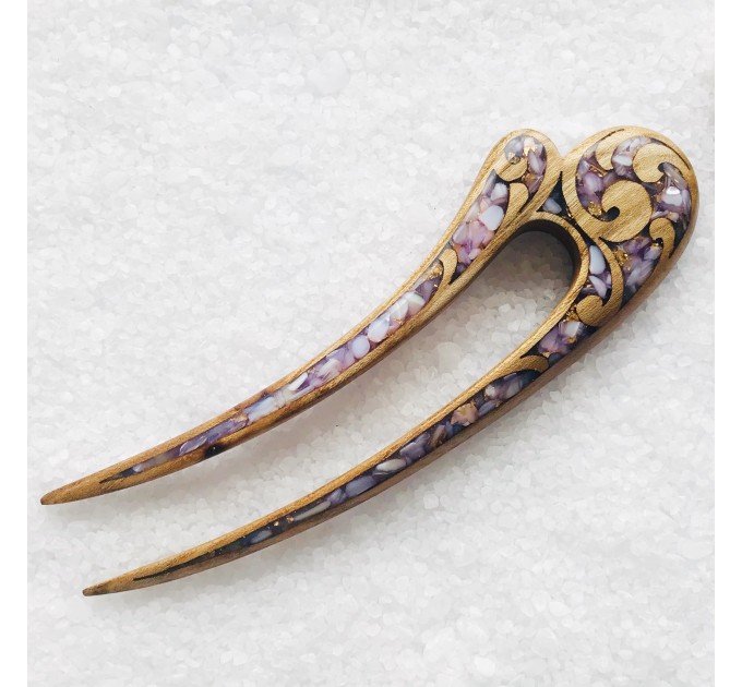 Wooden hair fork with purple stones