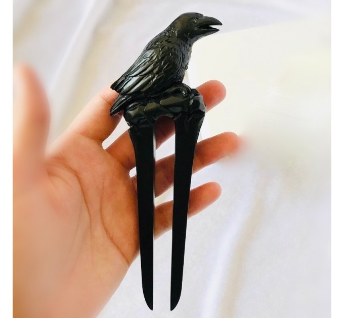 Carved wooden hair fork black raven, Hair stick crow, Gothic hair stick