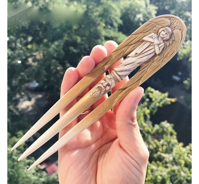 Carved wooden hair fork with Gold Angel