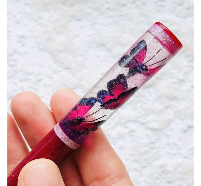 Resin Hair stick with pink butterflies 