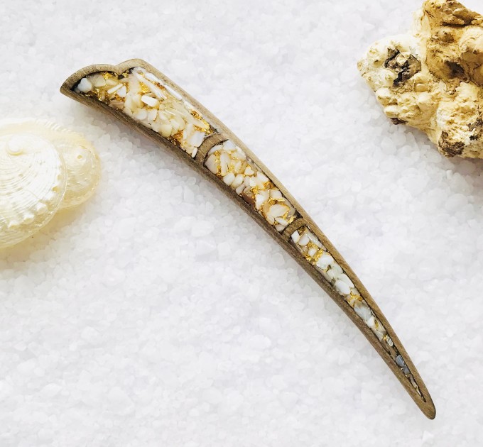 Wooden hair stick with white stones