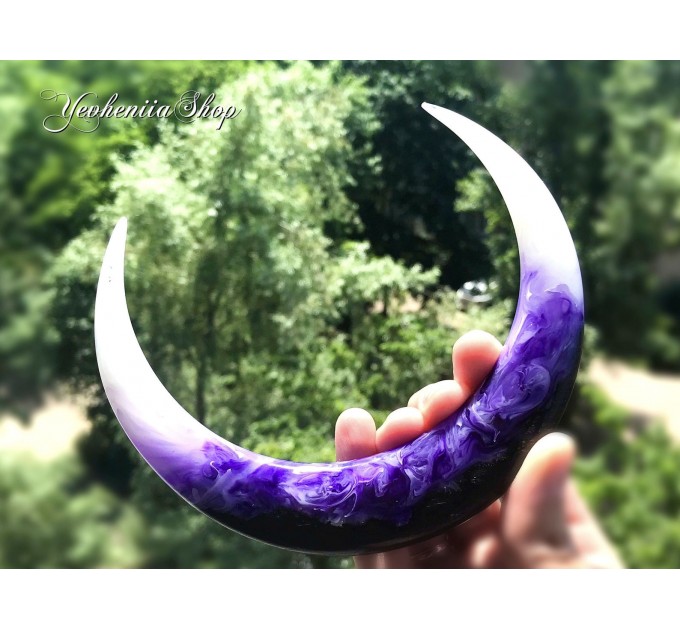 Crescent hair stick with black oak wood, white and purple resin