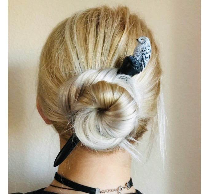 Carved wooden hair stick with snowy owl