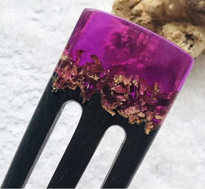 Hair fork with oak wood, purple resin topper and foil