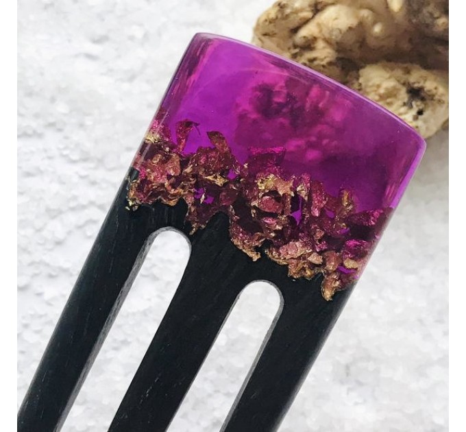 Hair fork with oak wood, purple resin topper and foil