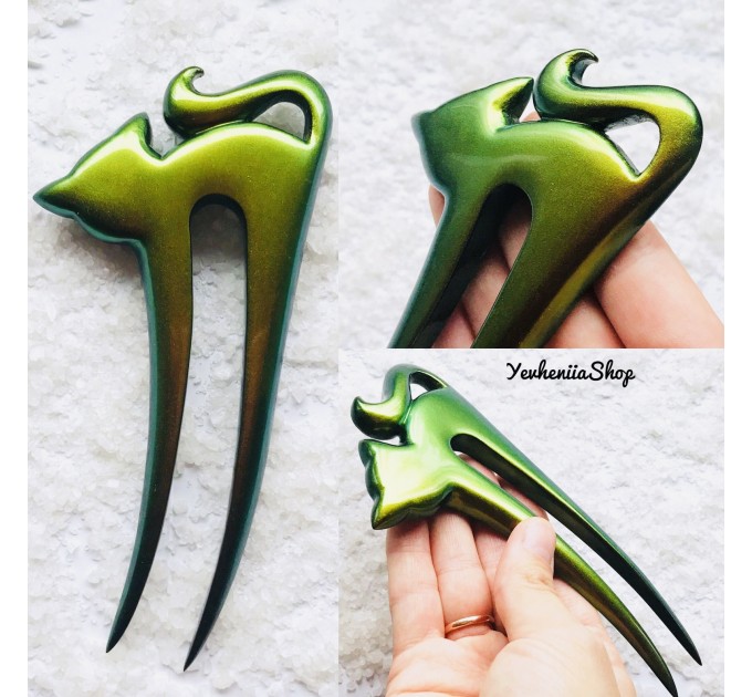 Wooden Hair fork Green Chameleon Cat, Bun holder for women