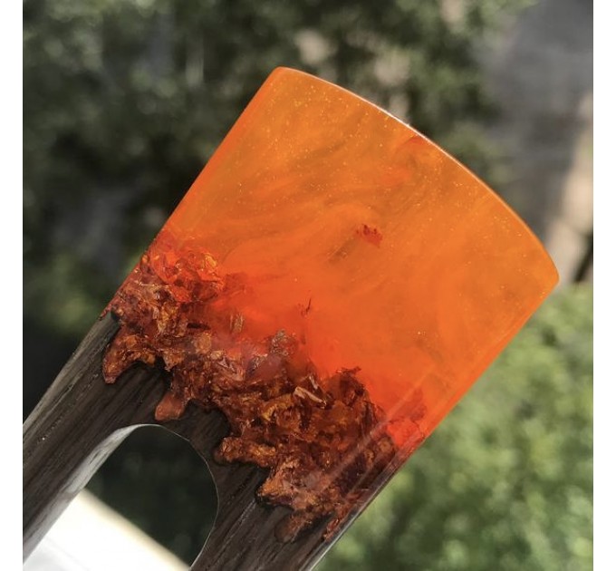 Hair fork with oak wood, orange resin topper and foil