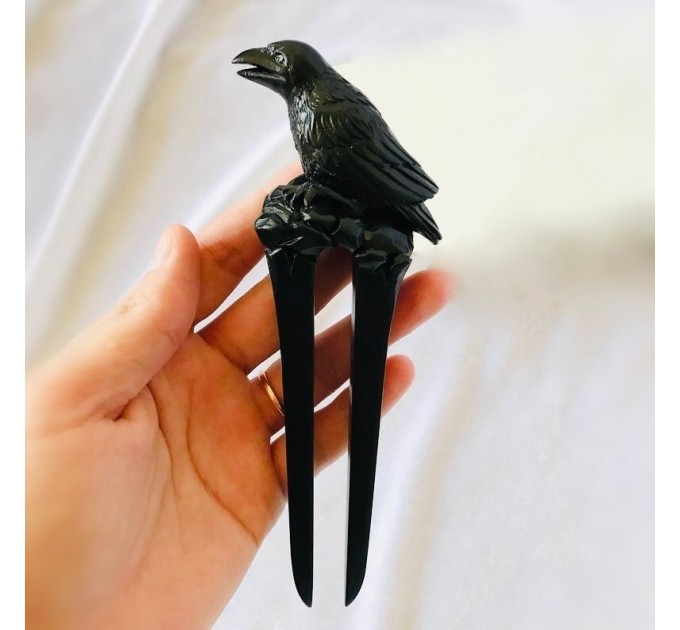 Carved wooden hair fork black raven, Hair stick crow, Gothic hair stick