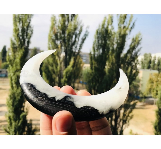 Crescent moon hair stick with black oak and white resin