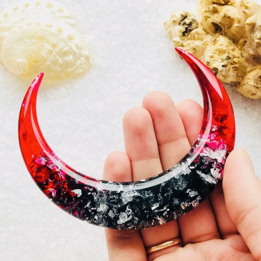 Red floral crescent hair stick