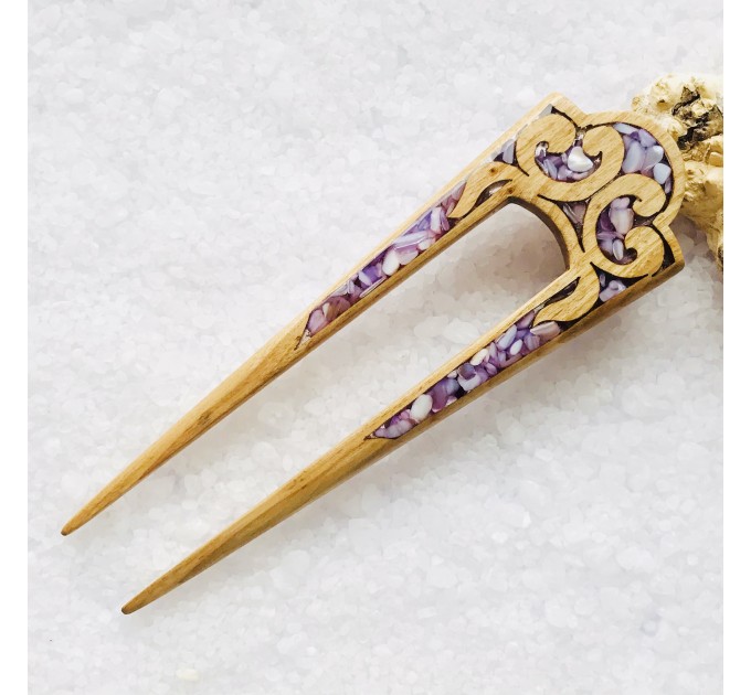 Wooden hair fork with purple stones