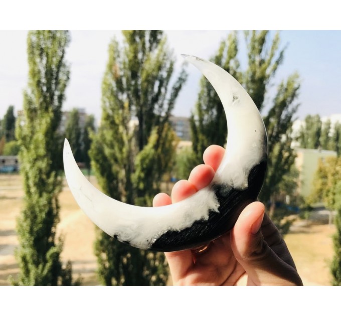 Crescent moon hair stick with black oak and white resin